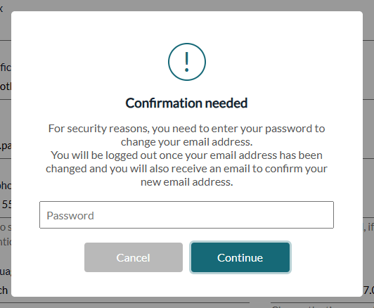 Window asking for the password to change the email address