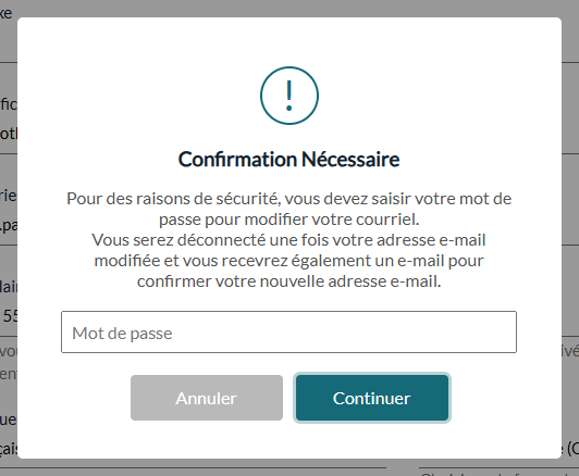 Fenêtre qui demande le mot de passe pour modifier le courriel