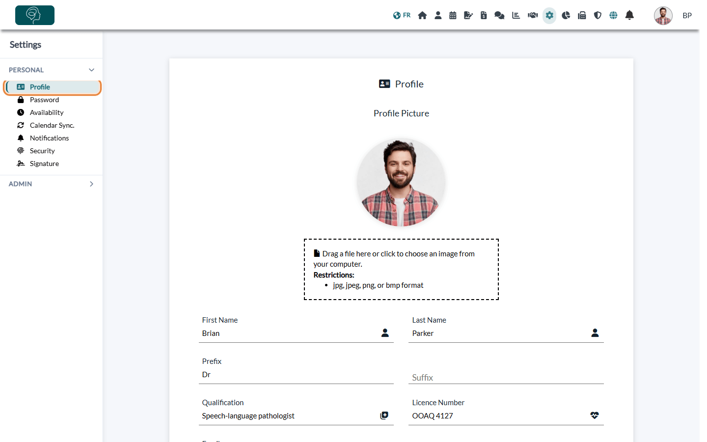 Profile page in Settings with the profile picture and the name fields