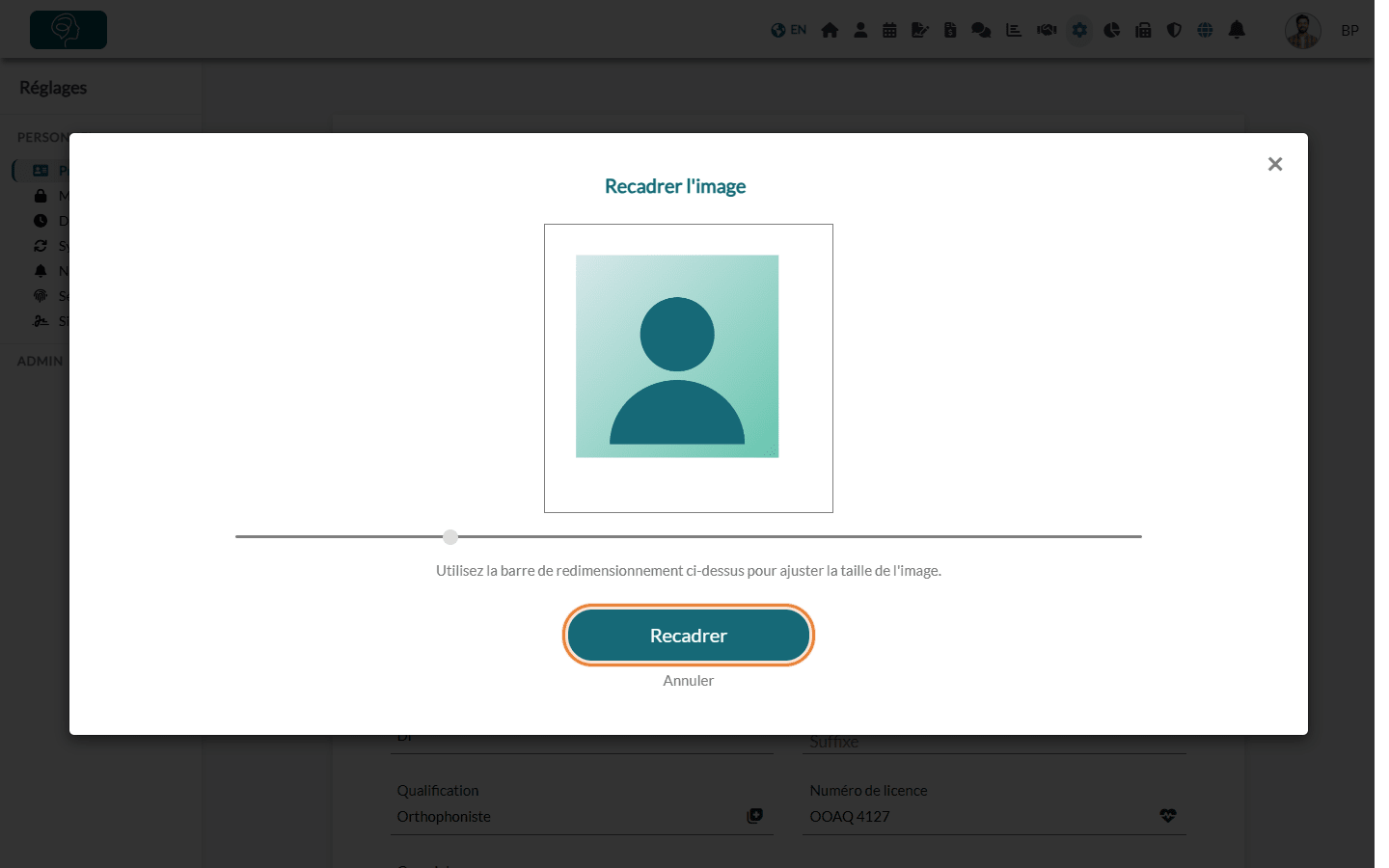 Fenêtre Recadrer l'image avec la barre de redimensionnement et le bouton Recadrer