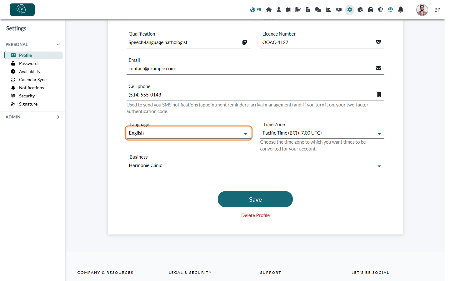 Language list in the profile settings
