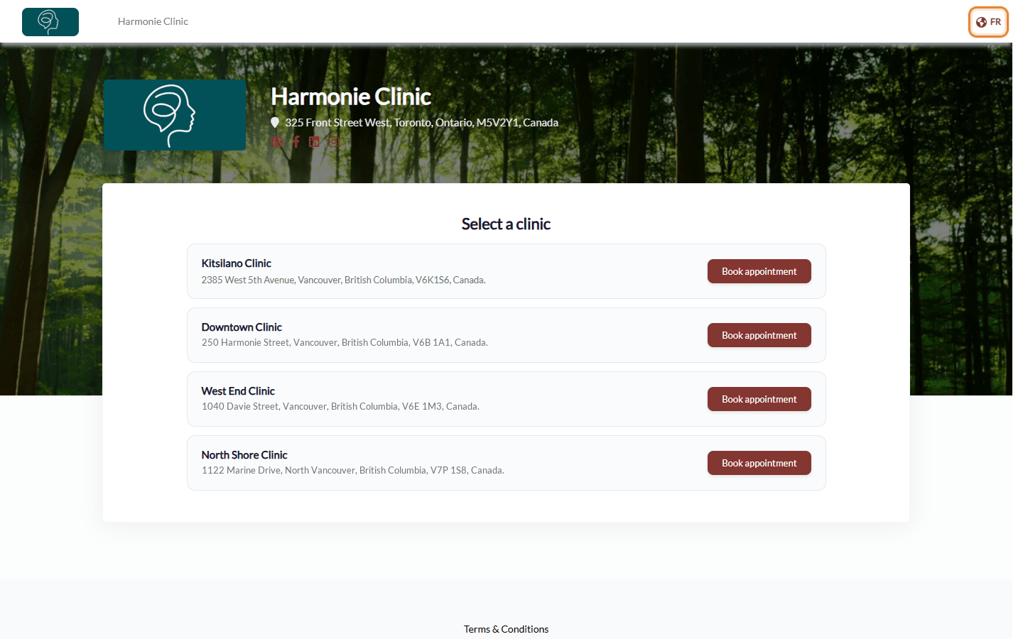 Booking page of a practice with the language link at the top right