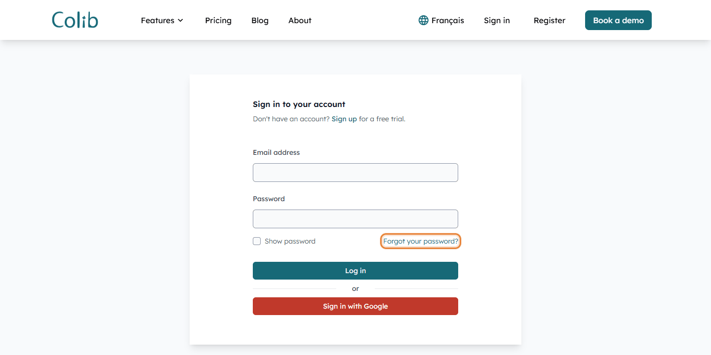 Forgot your password? link on the Colib sign-in page