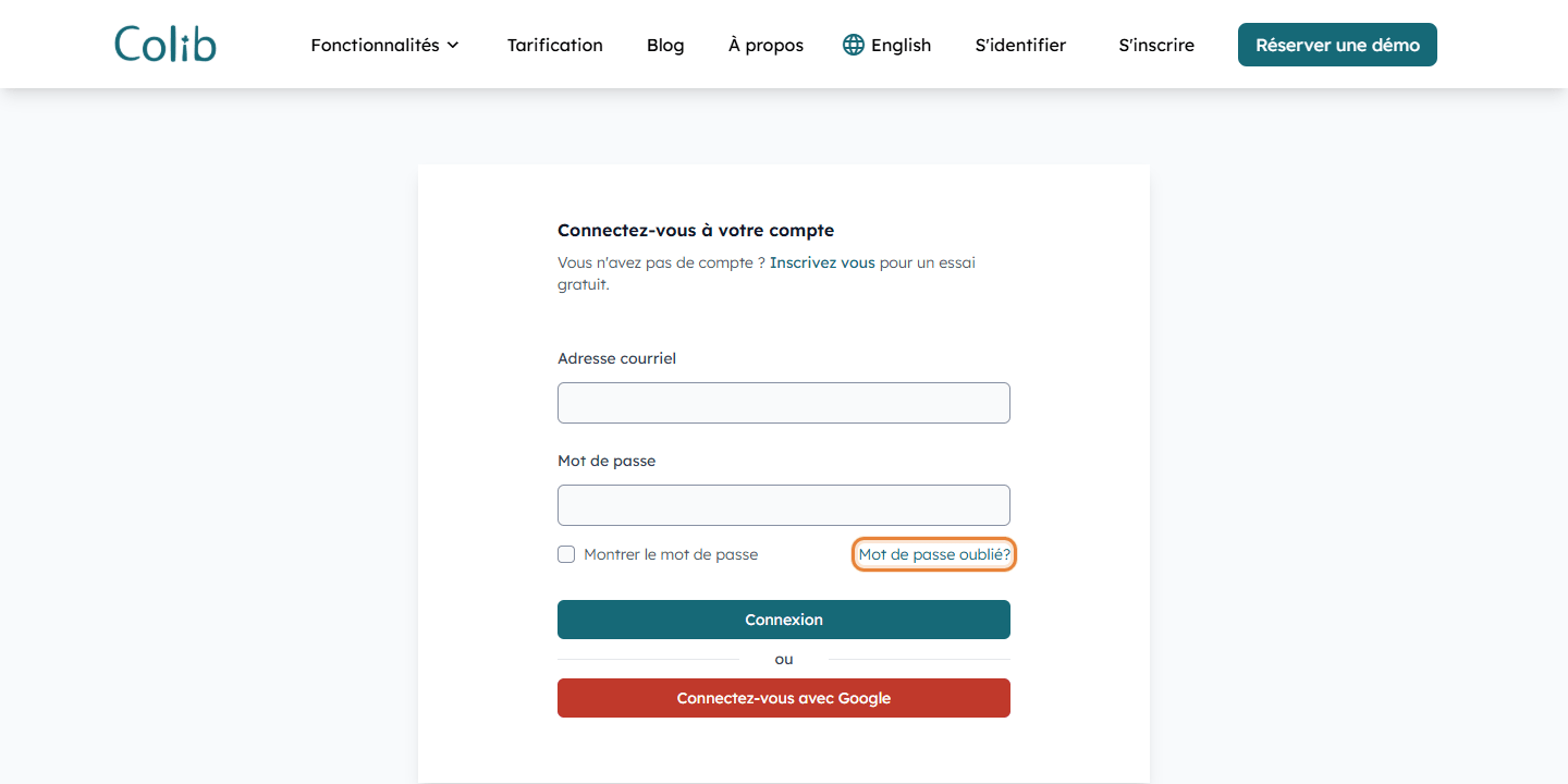 Lien Mot de passe oublié sur la page de connexion de Colib