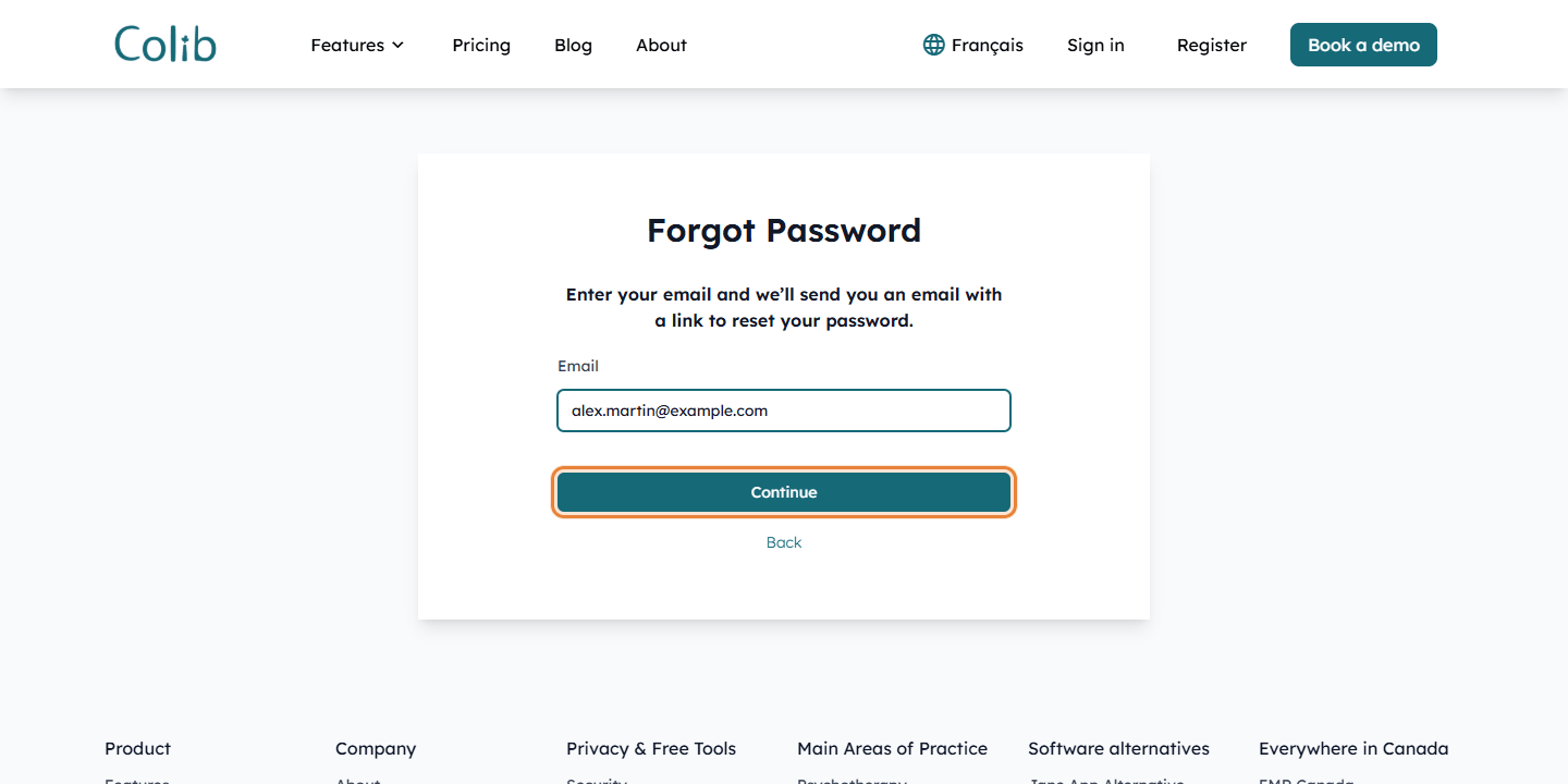 Forgot Password page with the email address field and the Continue button