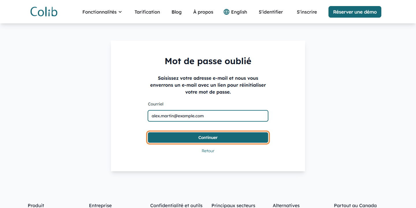 Page Mot de passe oublié avec le champ de l'adresse courriel et le bouton Continuer