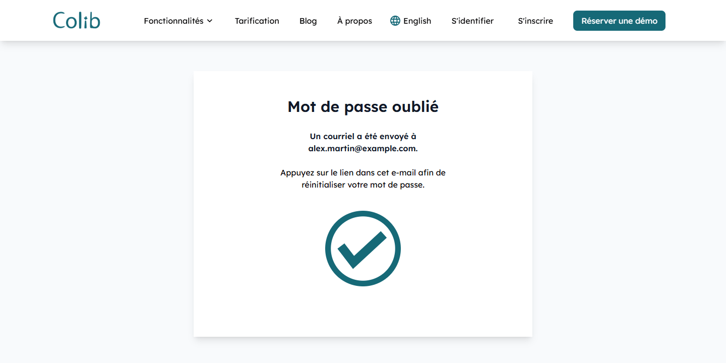 Confirmation de l'envoi du courriel de réinitialisation