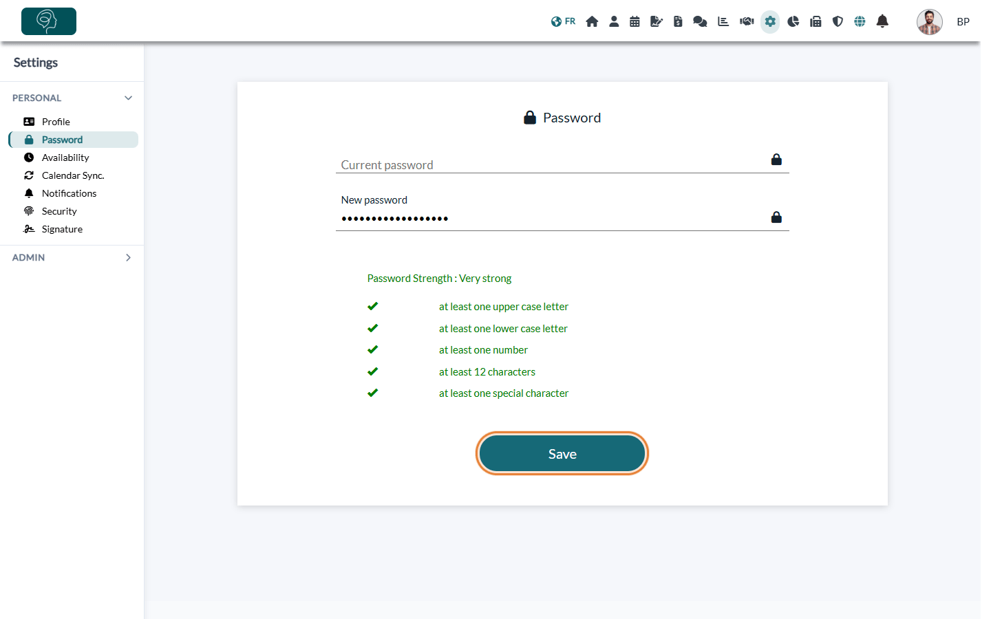 Password page in Settings with the password rules and the Save button