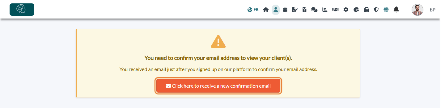 Warning on the Clients page asking to confirm the email address
