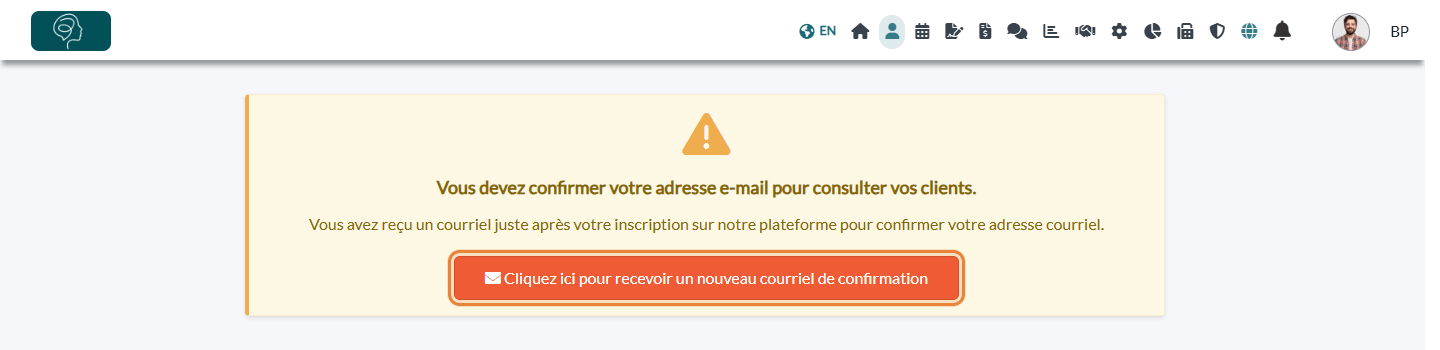 Avertissement de la page Clients demandant de confirmer l'adresse courriel