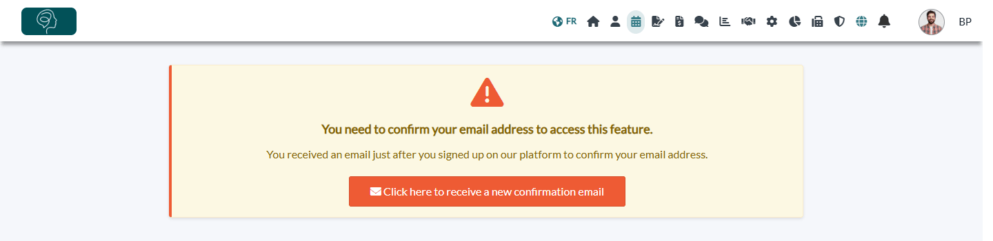 Warning shown on other pages asking to confirm the email address