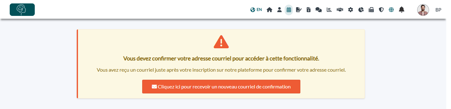 Avertissement affiché sur d'autres pages demandant de confirmer l'adresse courriel