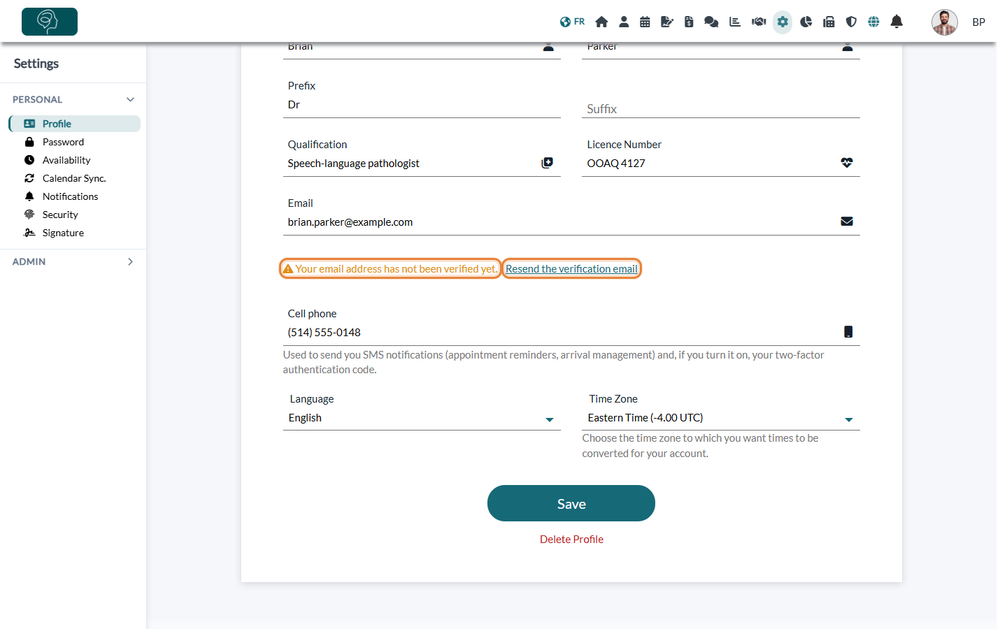 Profile page showing that the email address has not been verified, with the Resend the verification email link