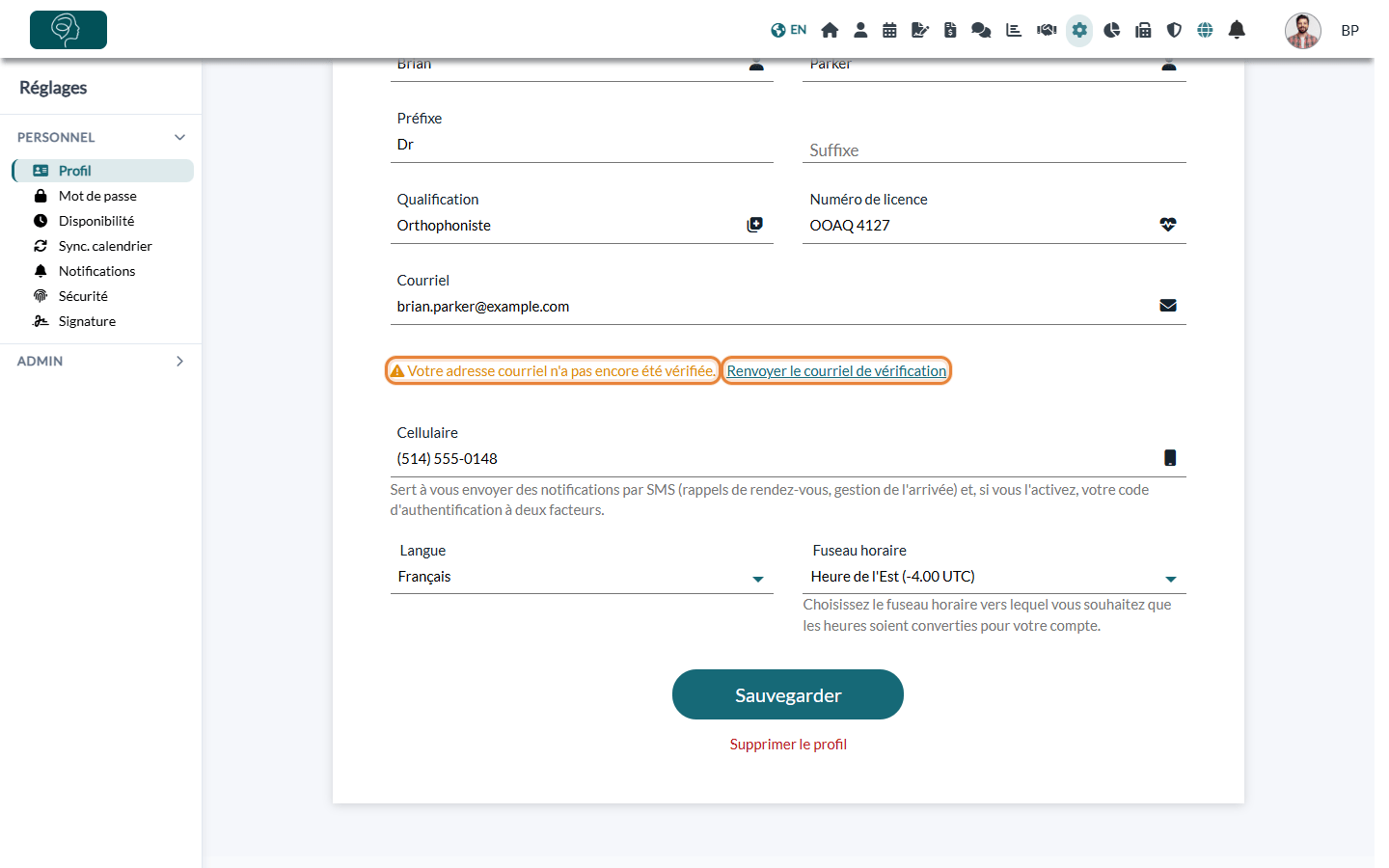 Page Profil indiquant que l'adresse courriel n'a pas été vérifiée, avec le lien Renvoyer le courriel de vérification