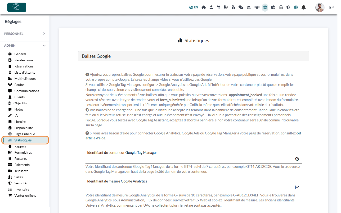 Section Balises Google dans Réglages > Statistiques