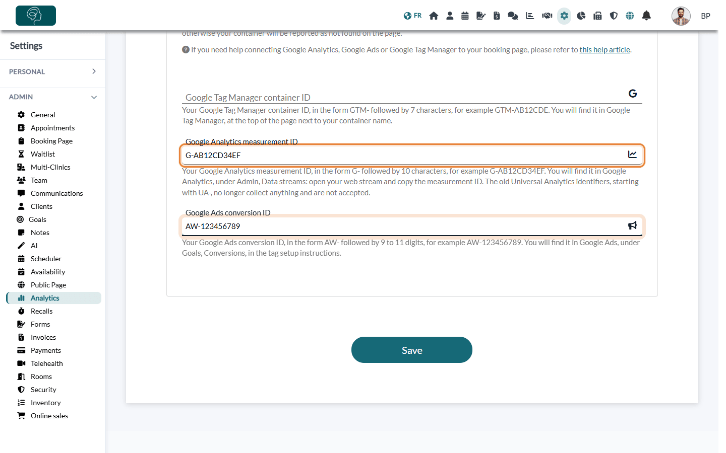 Google Analytics and Google Ads identifiers filled in