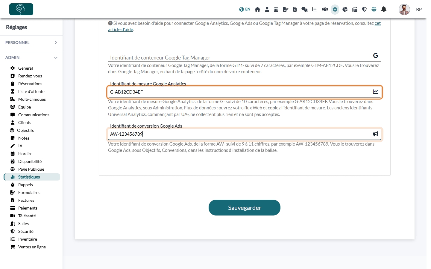 Identifiants Google Analytics et Google Ads remplis