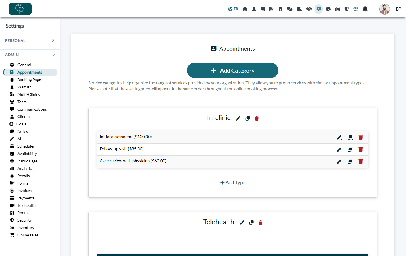 List of appointment types grouped by category in Settings > Appointments