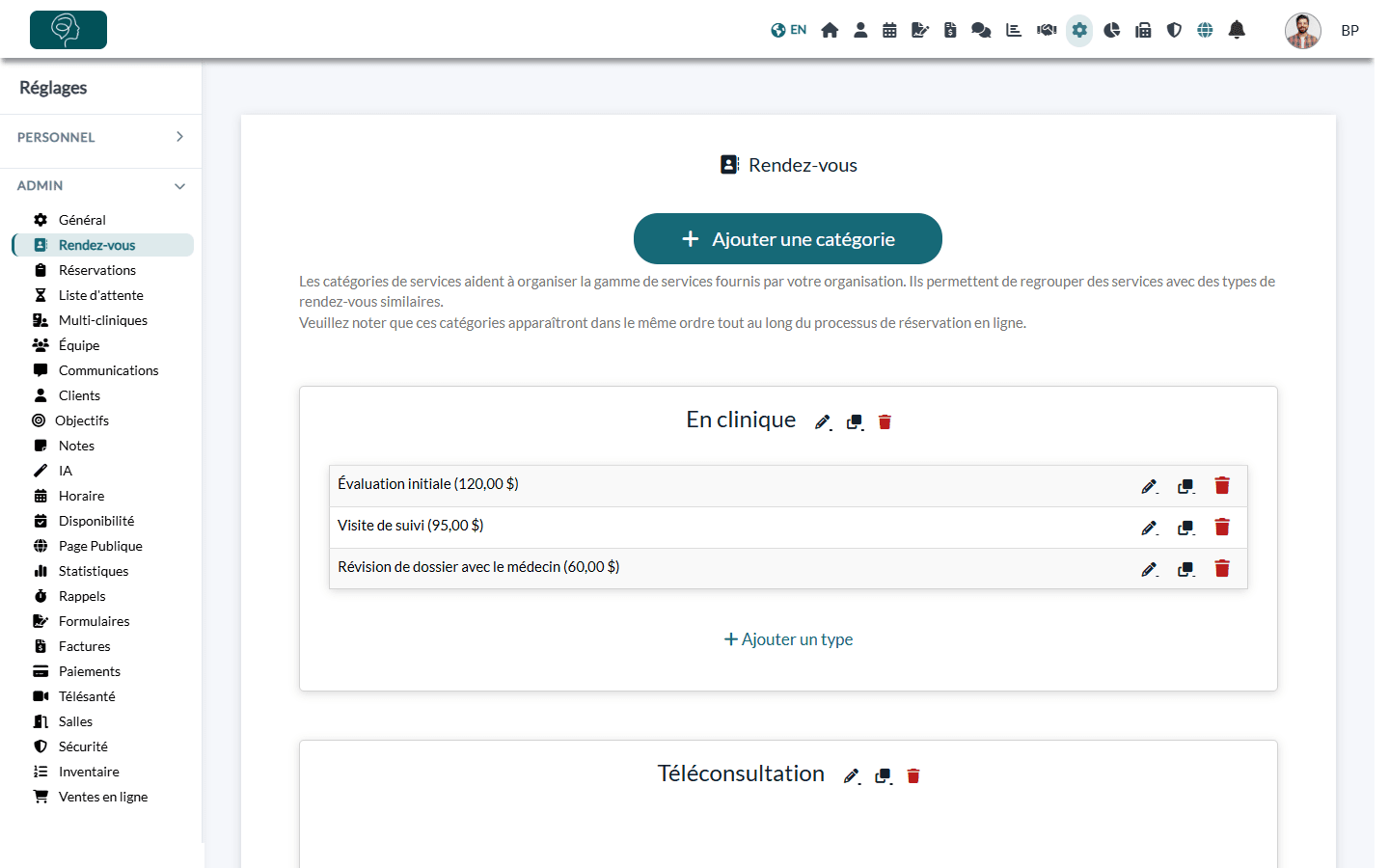 Liste des types de rendez-vous regroupés par catégorie dans Réglages > Rendez-vous