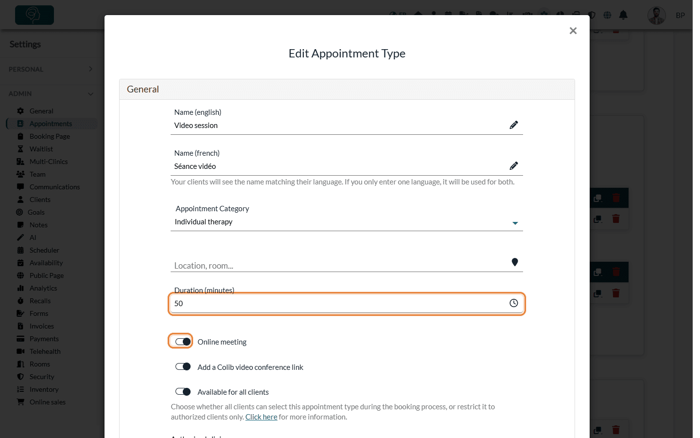 General section of an appointment type: duration and online meeting