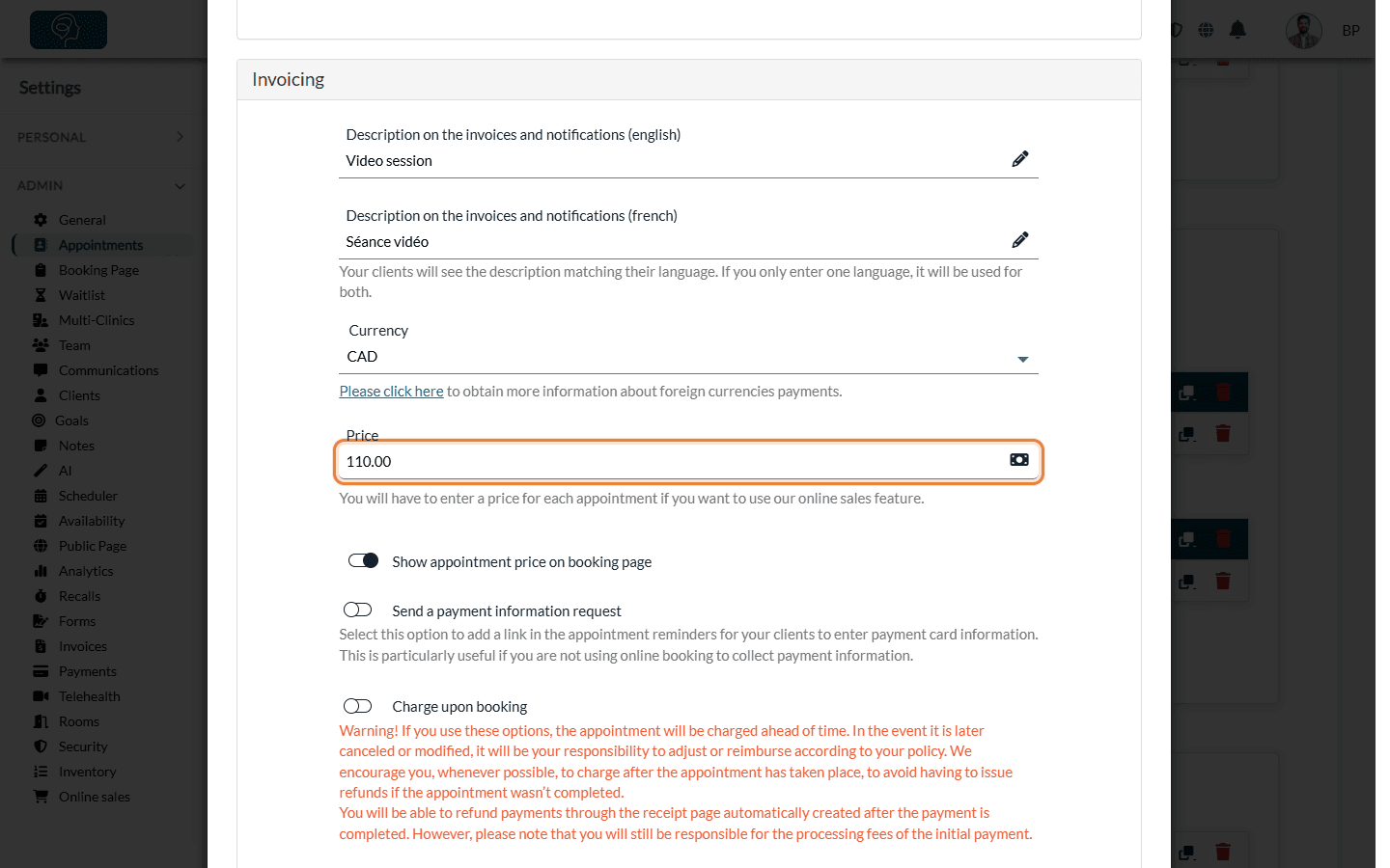 Invoicing section of an appointment type: description, currency and price
