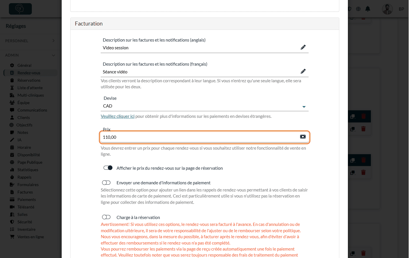 Section Facturation d'un type de rendez-vous : description, devise et prix