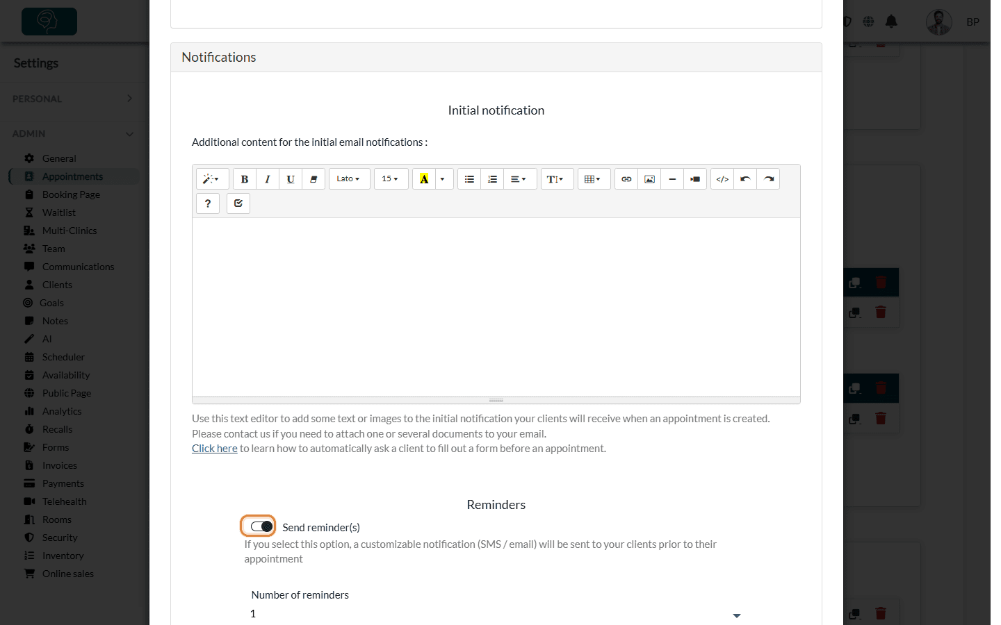 Notifications section of an appointment type: confirmation content and reminders