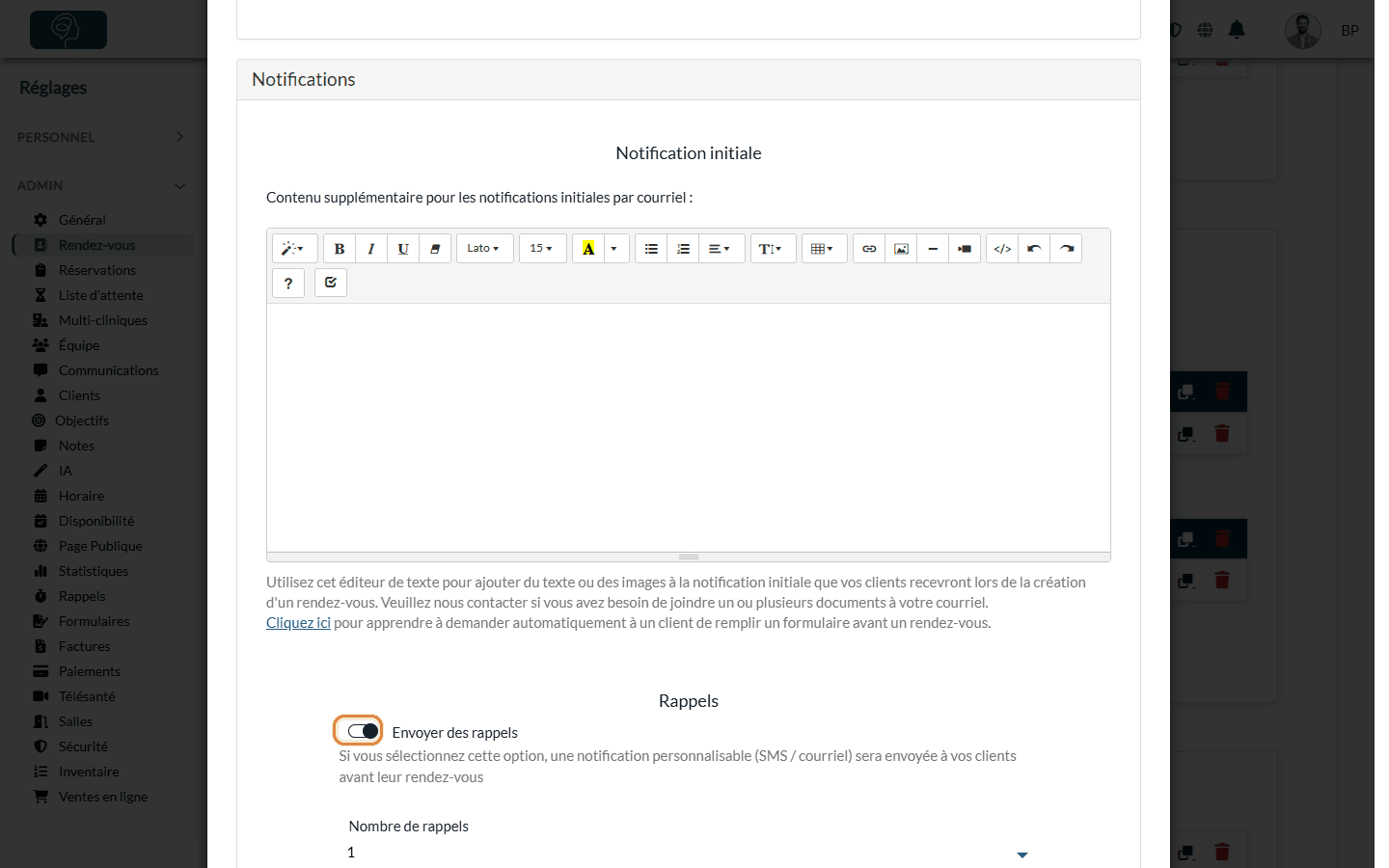Section Notifications d'un type de rendez-vous : contenu de la confirmation et rappels