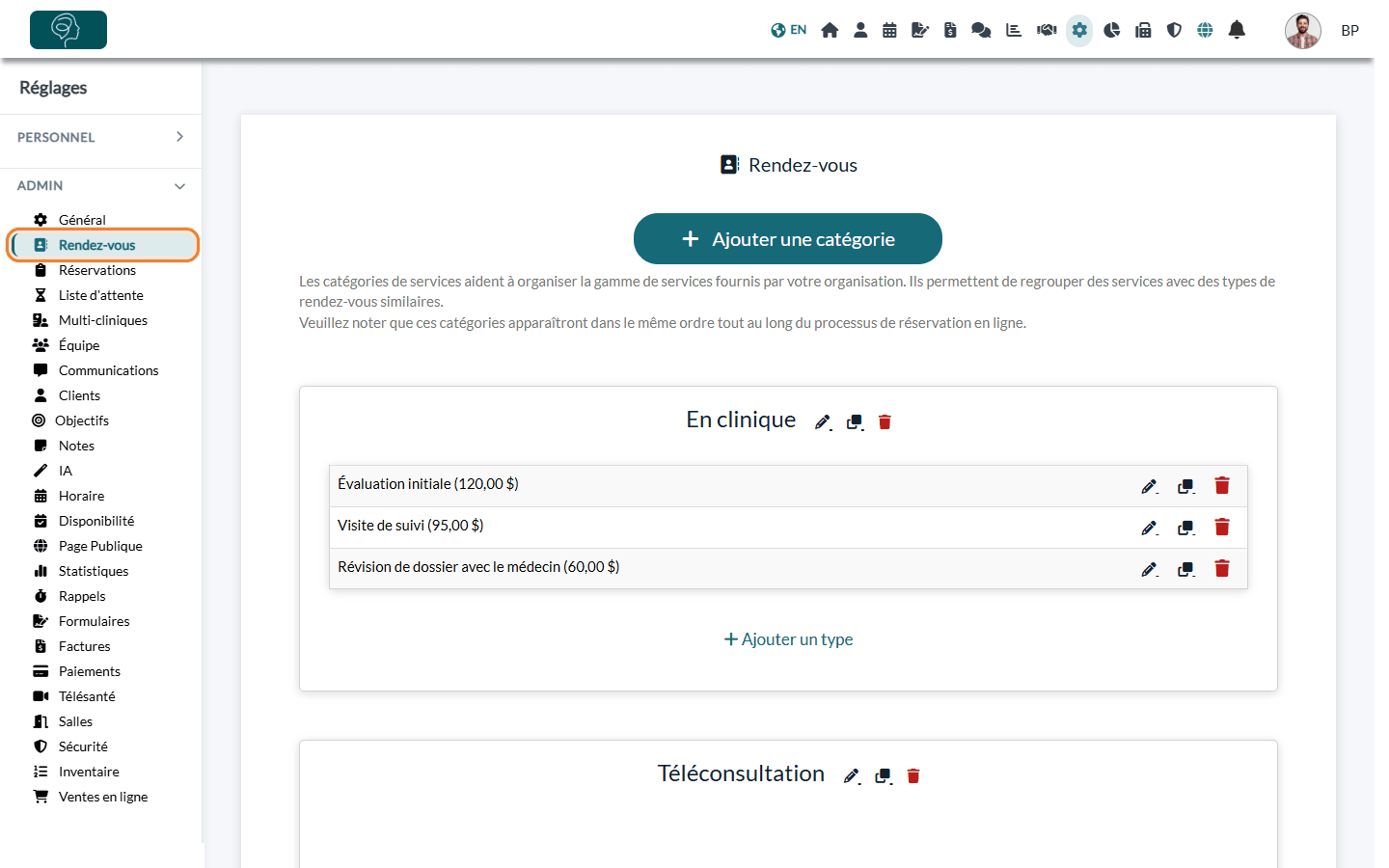 Menu Rendez-vous dans les Réglages et liste des types de rendez-vous