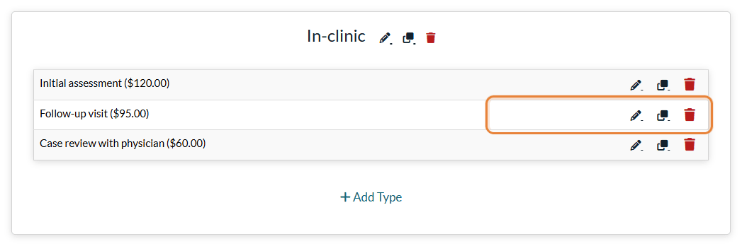 Edit, duplicate and delete icons on the row of an appointment type