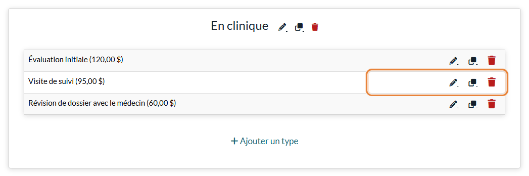 Icônes Éditer, Dupliquer et Supprimer sur la ligne d'un type de rendez-vous