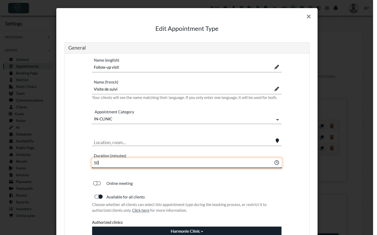 Edit Appointment Type window with the duration field