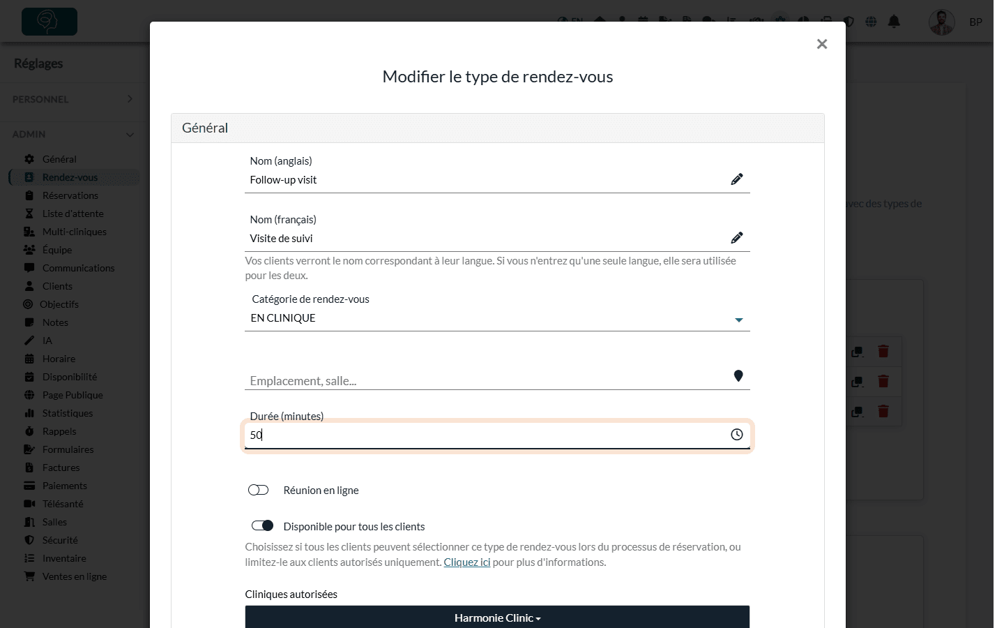Fenêtre Modifier le type de rendez-vous avec le champ de durée
