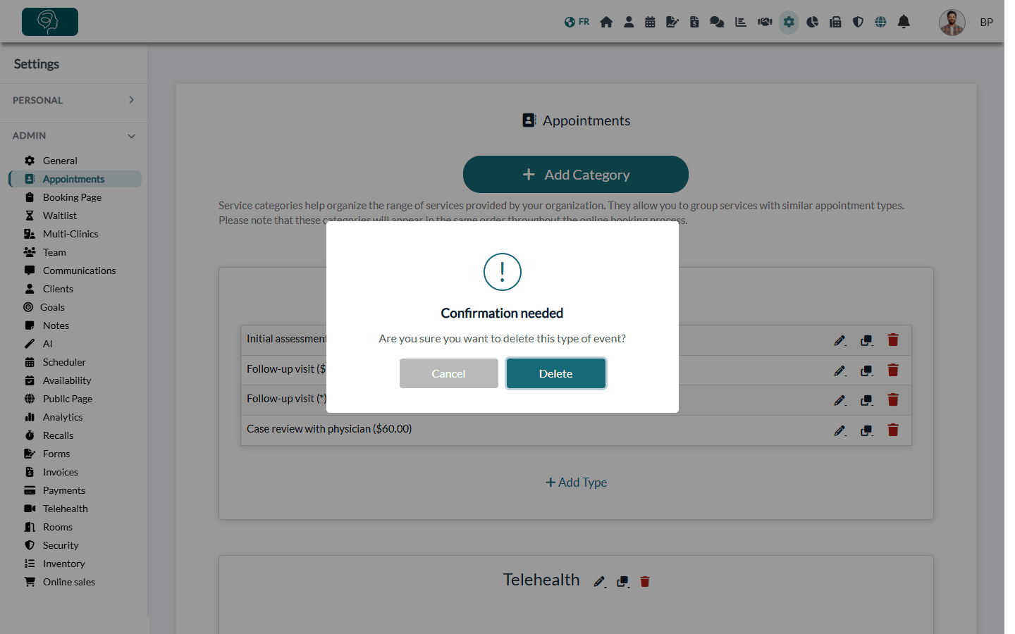 Confirmation window before deleting an appointment type