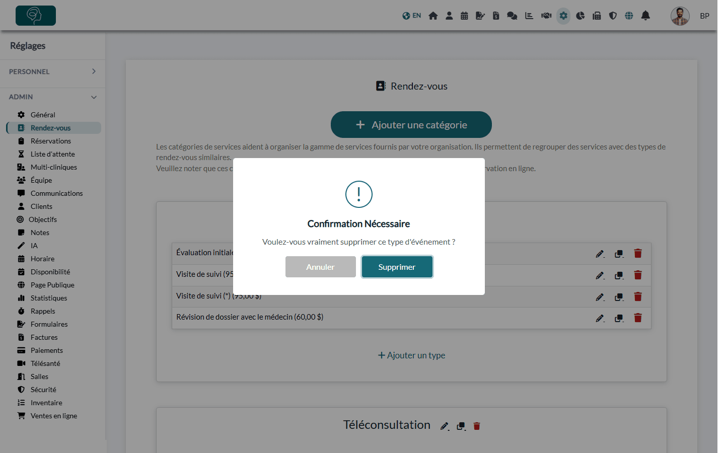 Fenêtre de confirmation avant de supprimer un type de rendez-vous