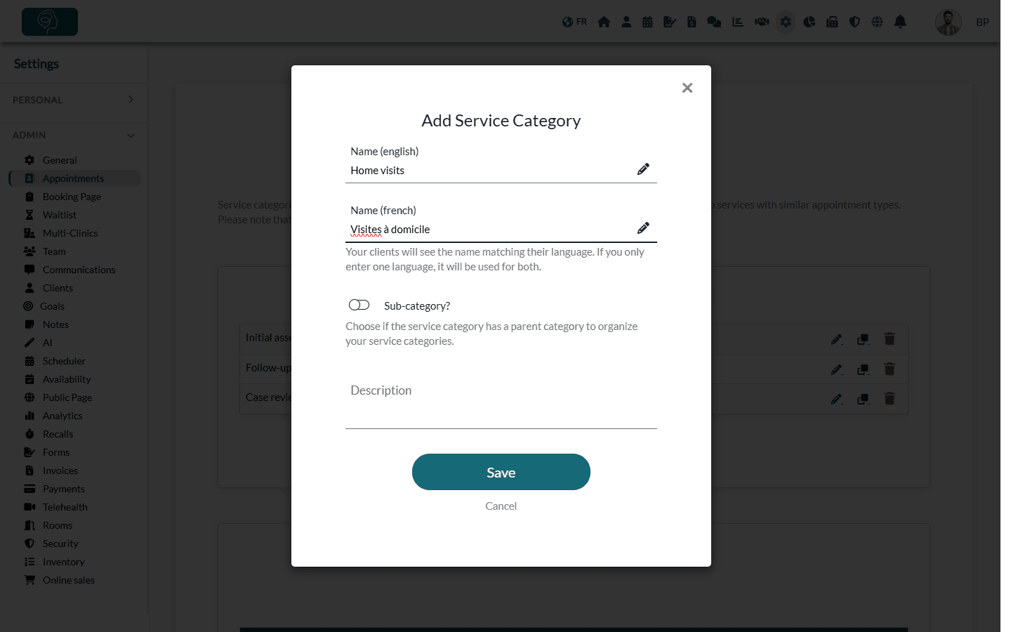 Add Service Category window with the names in English and French