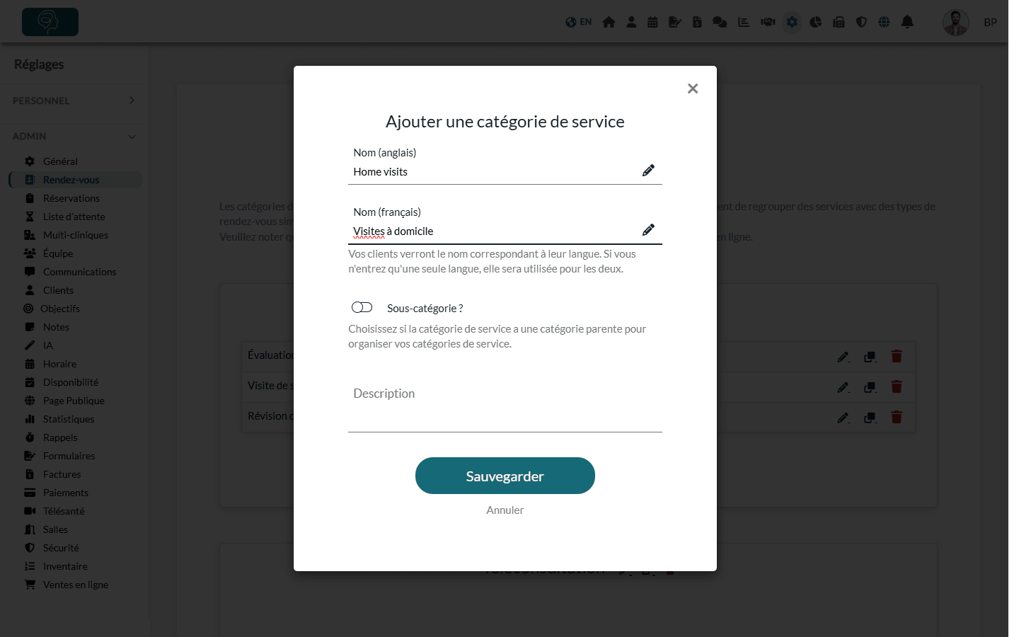 Fenêtre Ajouter une catégorie de service avec les noms en anglais et en français