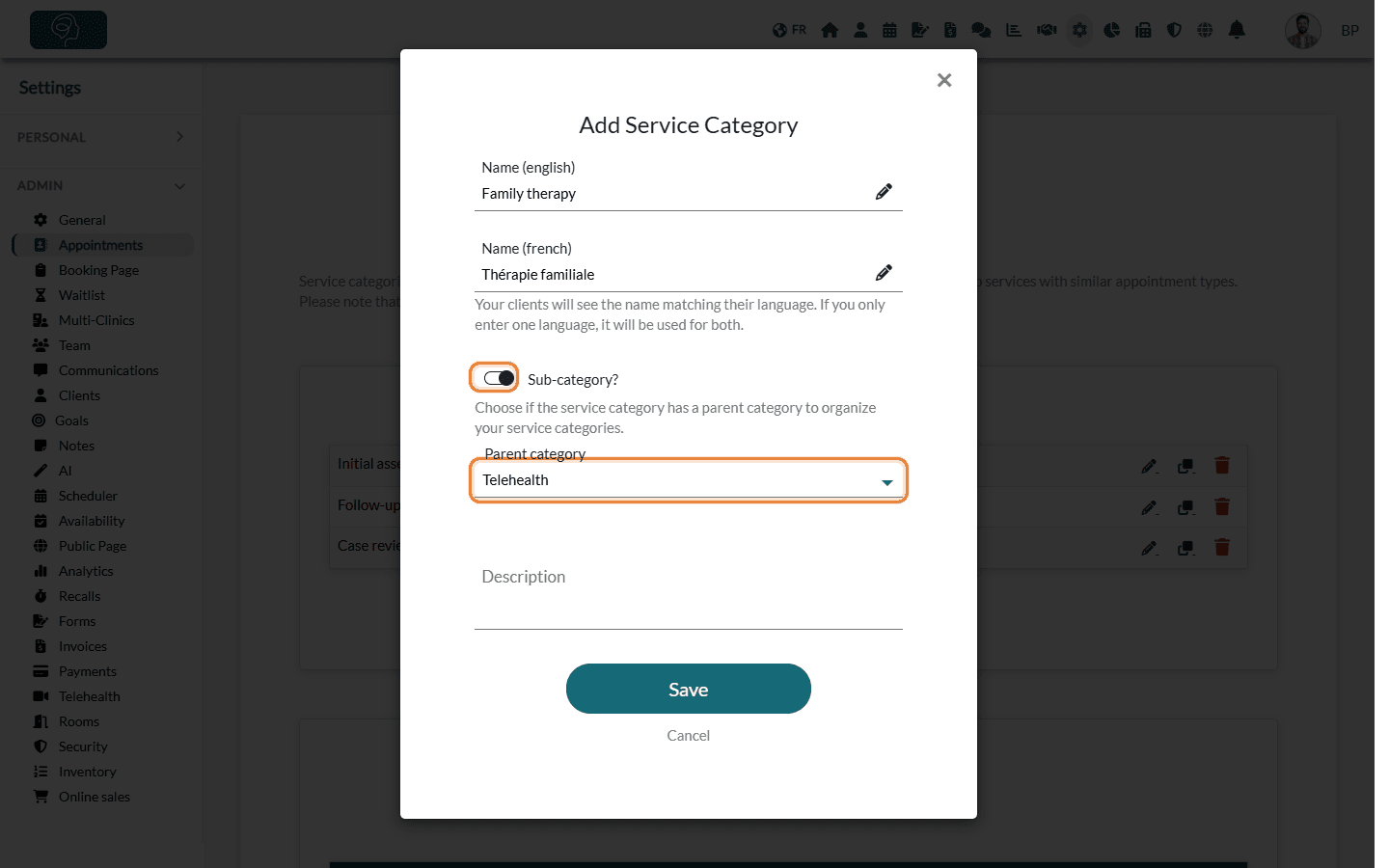 Sub-category option and parent category list
