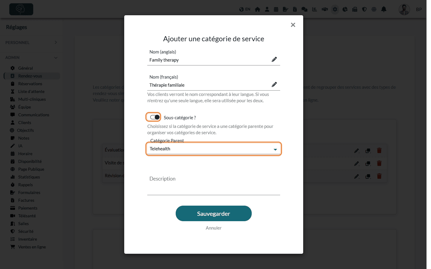 Option Sous-catégorie et liste des catégories parents