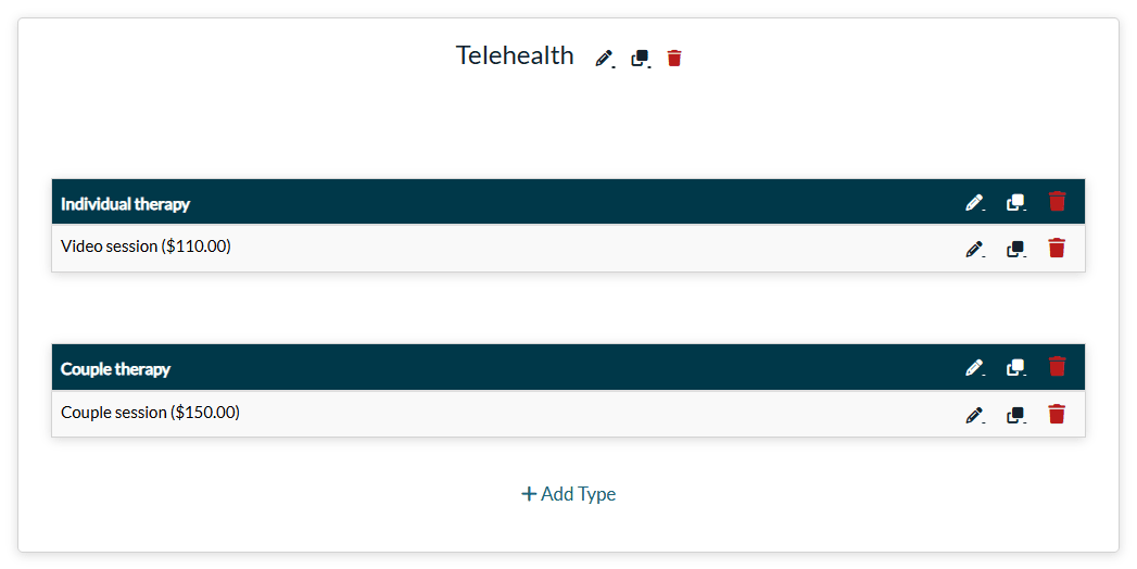 A category with two sub-categories and their appointment types