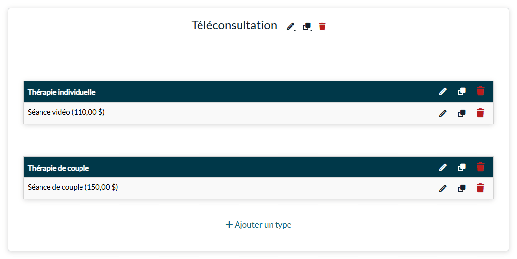 Une catégorie avec deux sous-catégories et leurs types de rendez-vous