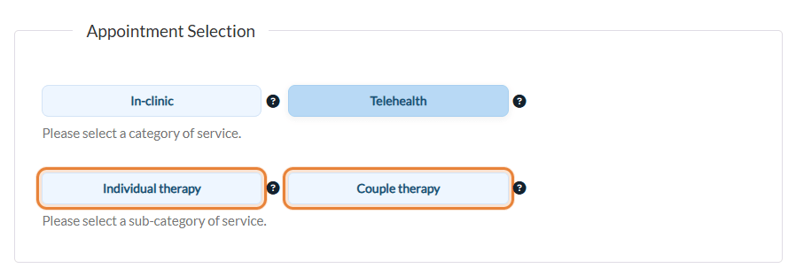 Categories and sub-categories on the booking page