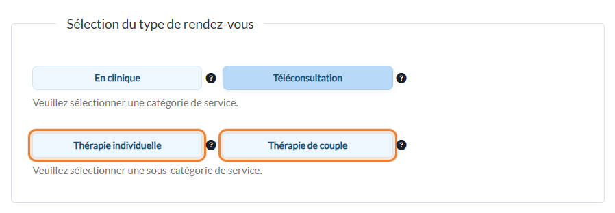 Catégories et sous-catégories sur la page de réservation