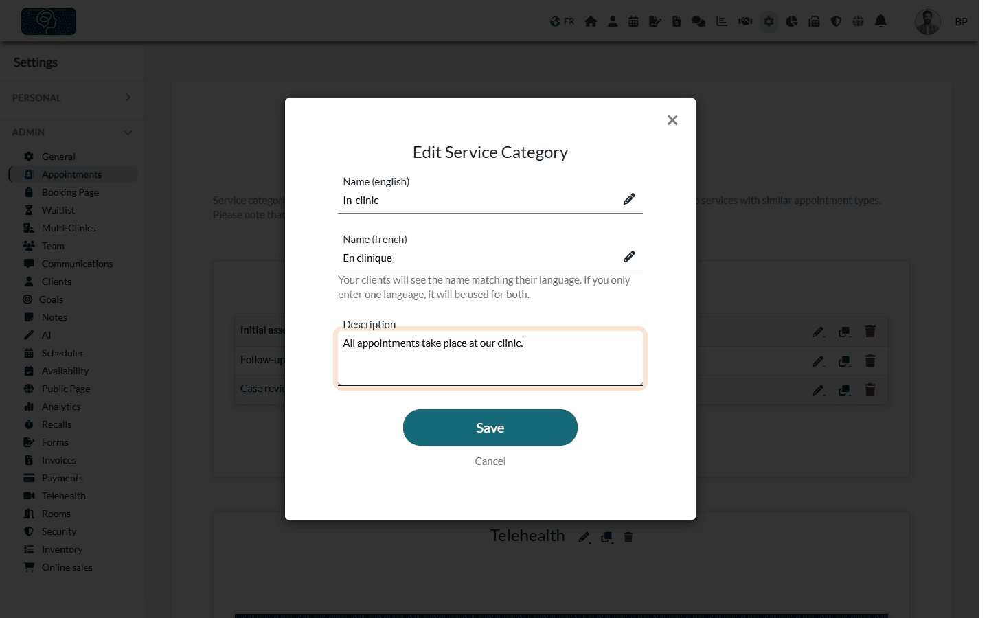 Description field in the Edit Service Category window