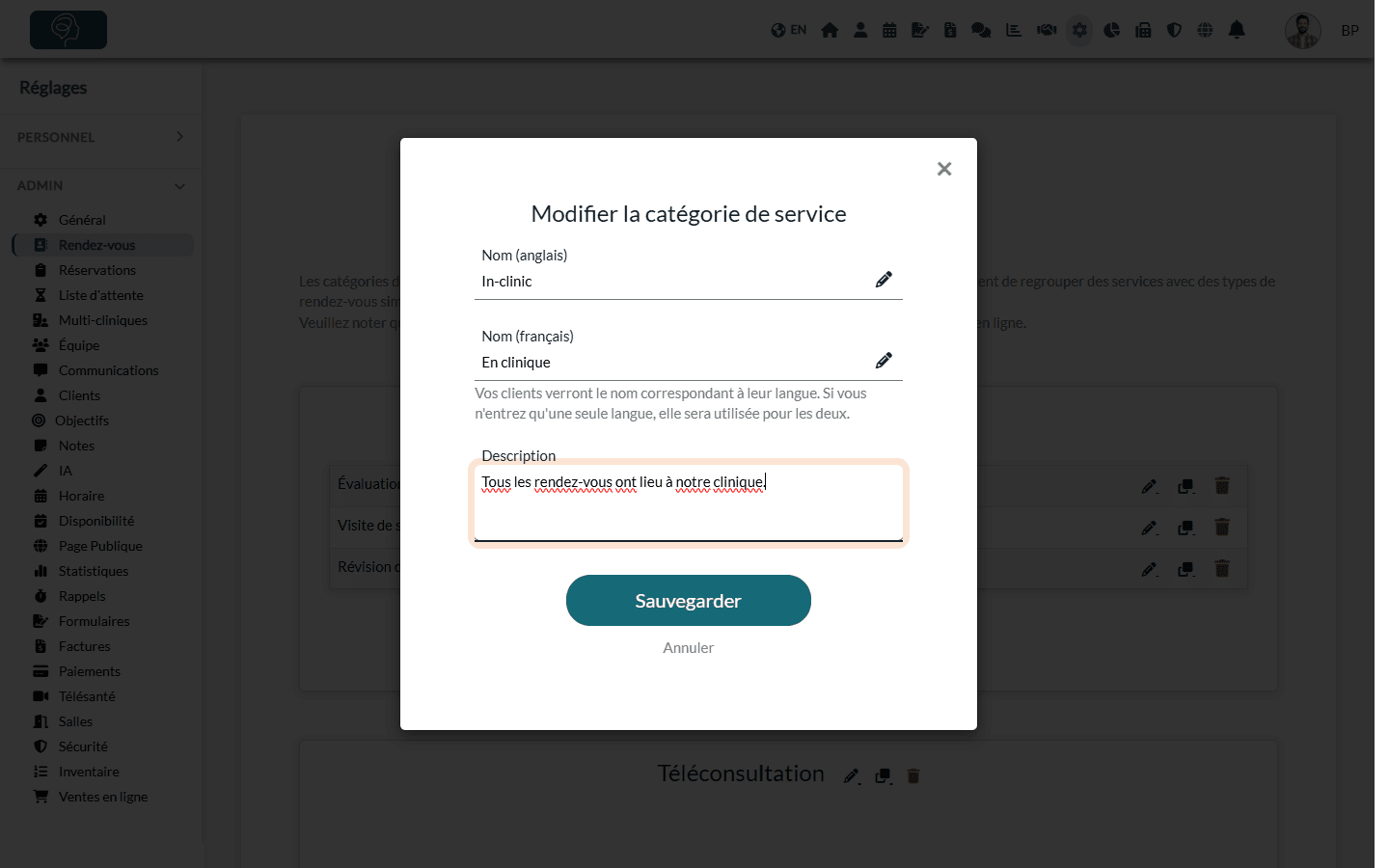 Champ Description dans la fenêtre Modifier la catégorie de service