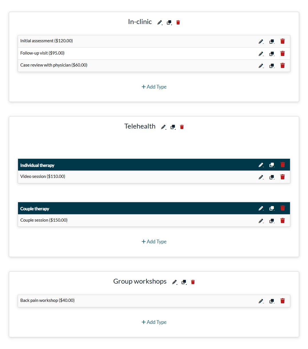 Categories and appointment types in Settings > Appointments