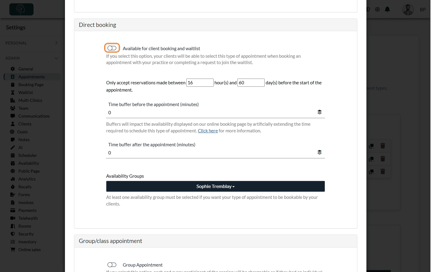 Available for client booking and waitlist option in the Direct booking section