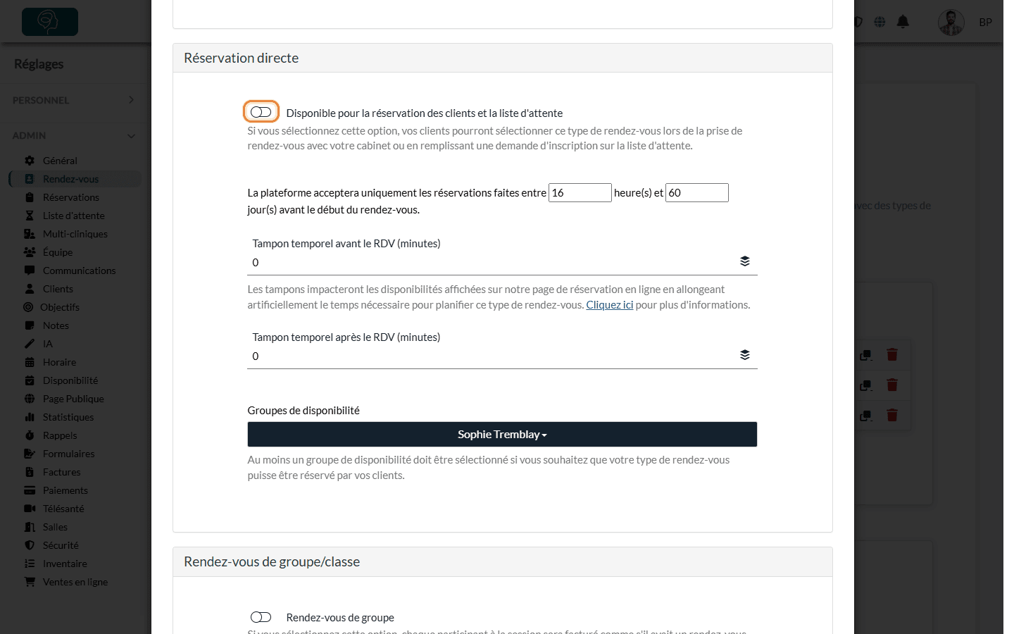 Option Disponible pour la réservation des clients et la liste d'attente dans la section Réservation directe