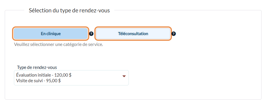 Page de réservation : seulement les catégories et les types de rendez-vous disponibles en ligne