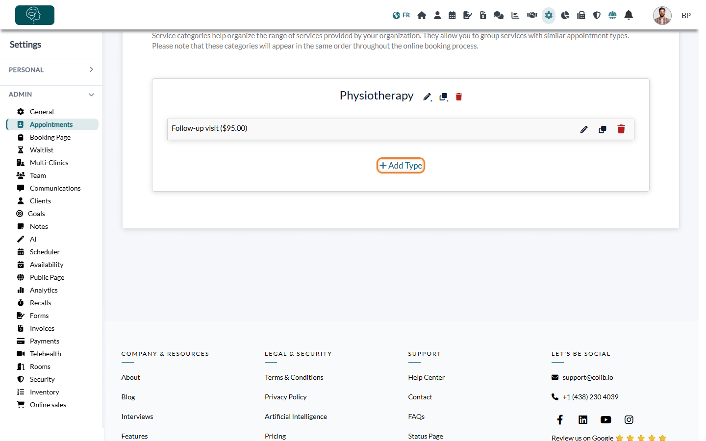 Add Type link under a category in Settings > Appointments